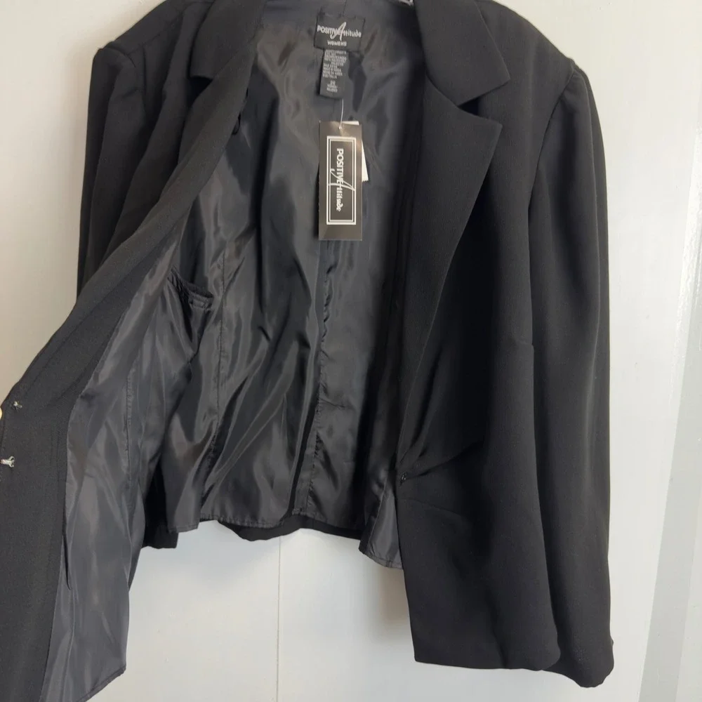 Positive Attitude 3 Piece Pant Suit Set Black Gold Blazer‎ Trousers Top Size 26W